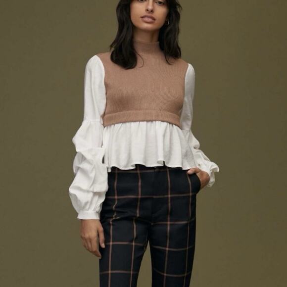 $148 Anthropologie Ruffled Layered Top Size Small Mixed Media Knit Vest Blouse - Picture 2 of 9